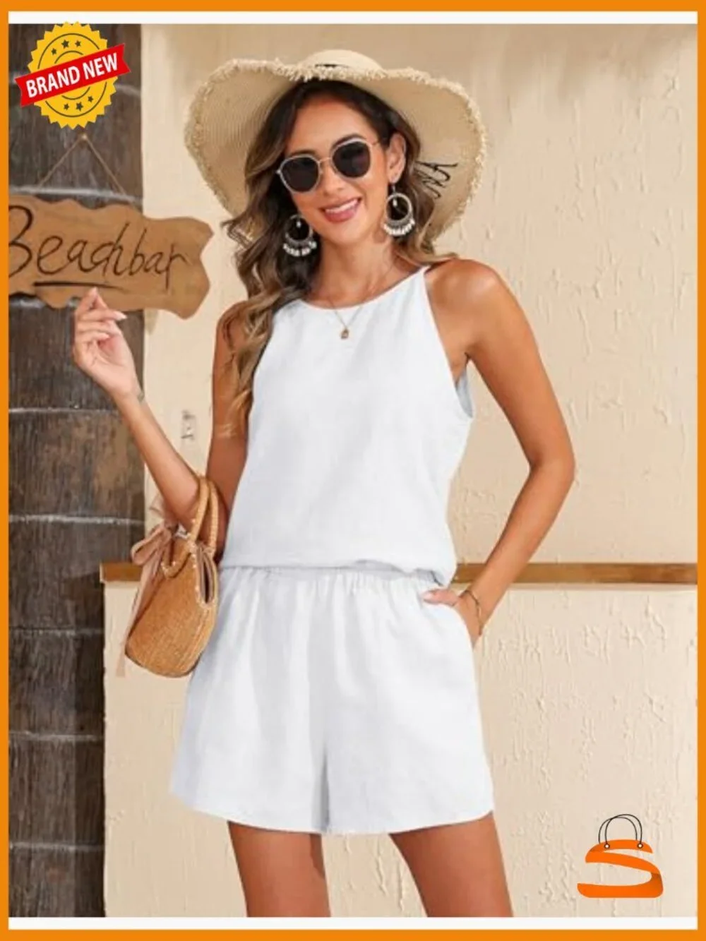 Pure Linen 2 Piece Short Set Sleeveless Halter Top High Waist Shorts Lounge